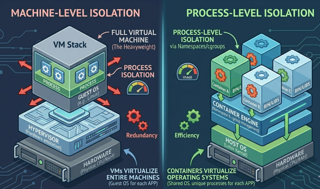 Comparison of machine-level and process-level isolation
VM vs Docker
